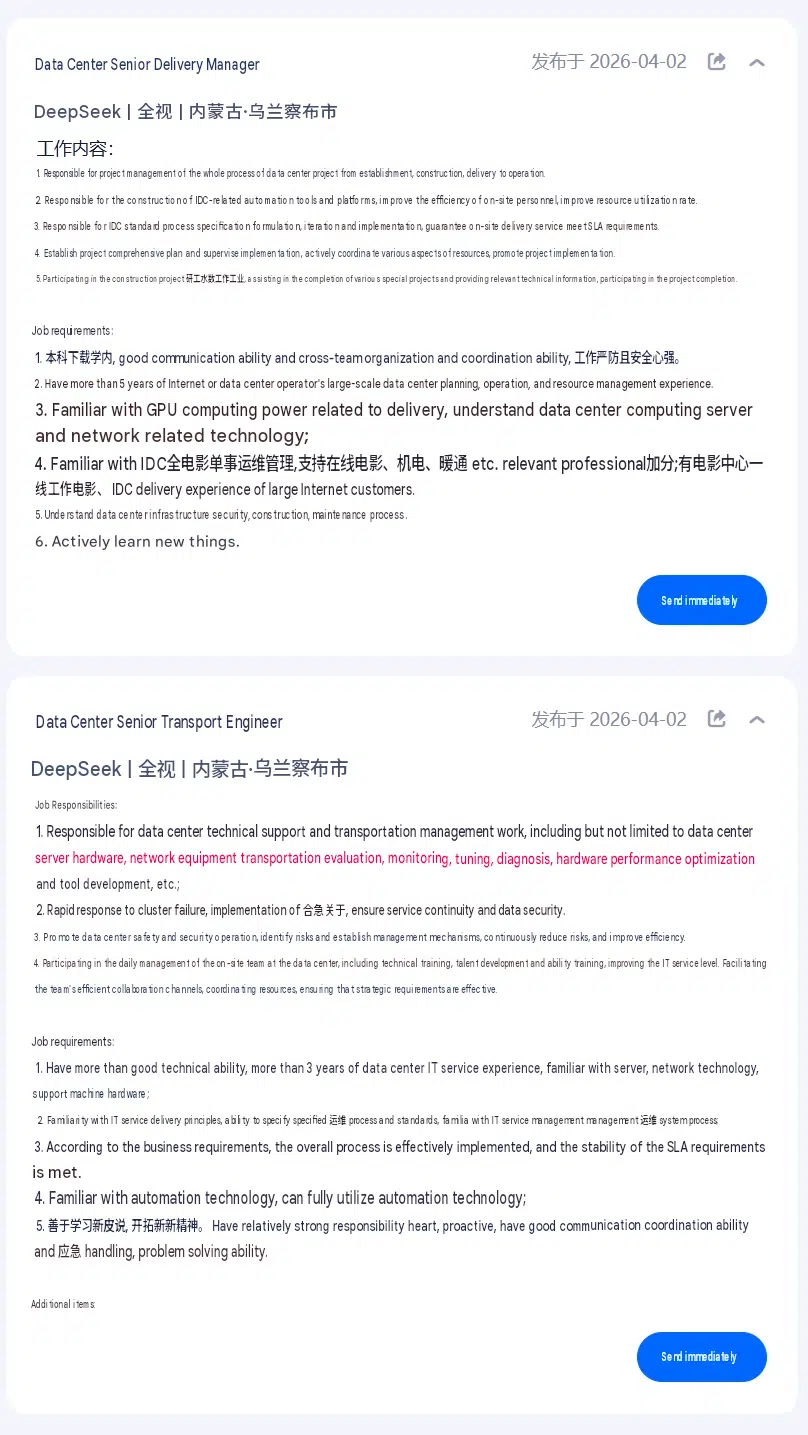English translation of DeepSeek's data-center job descriptions